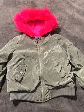 Calvin Klein Jeans Olive Bomber Jacket with Hot Pink Faux Fur Hood